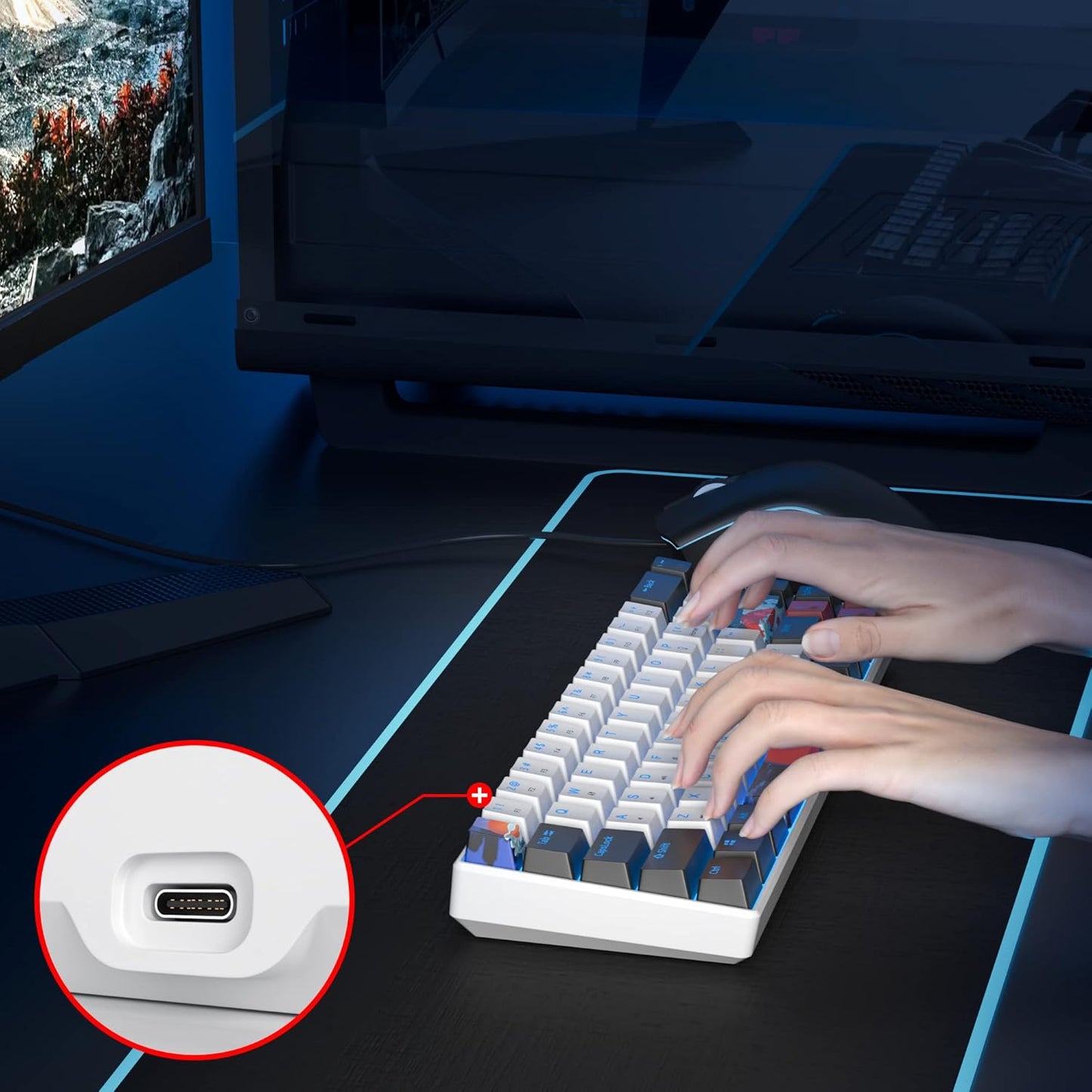60 Percent Gaming Keyboard 60% Mechanical Keyboard LED Backlit Ultra Compact Wired Keyboard with Red Switch for Windows Laptop Gamer(61 Blue Samurai)