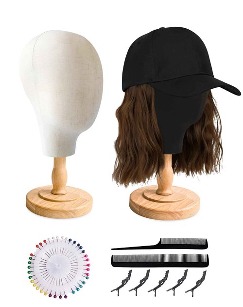 CHADWICK Canvas & Black 21 Inch Mannequin Head Set with Detachable Wood Stands, for Wig Making, Hat and Jewelry Display – Includes 7-piece Crocodile Clip & Comb Set, Multi-Color Pin Tray