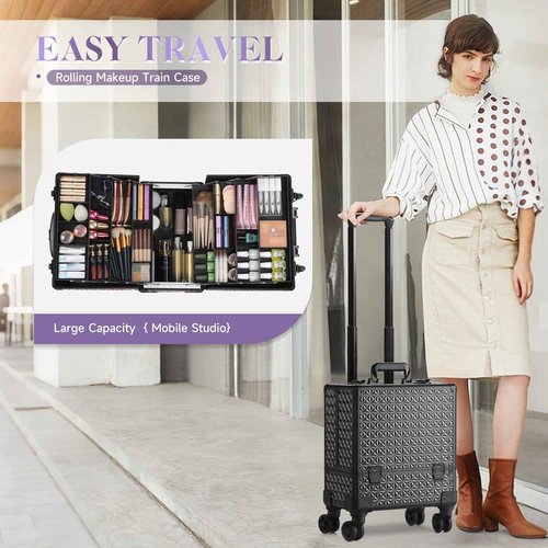 Leeora&Leekoo High-Capacity Multilayer Portable Nail Case for Nail Tech Organizer with Wheels - Lockable Makeup Case Organizer, Cosmetic Case, Makeup Train Case (Black-8045)