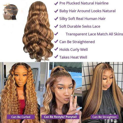 Manorshen Body Wave Ombre Highlight Transparent Lace Frontal Wigs Brazilian Virgin 13x4 Lace Front Glueless Brazilian Human Hair for Women With Baby Hair (Highlight 4/27, 30 Inch)