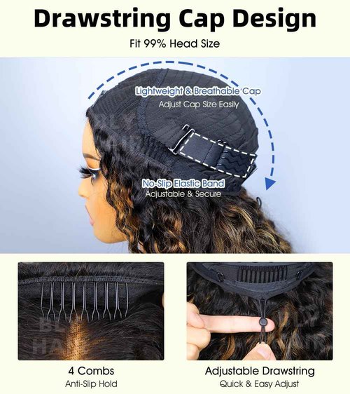 BLY Highlight Water Wave Half Wig Human Hair 3 in 1 Glueless Drawstring Flip Over Wear Go Wig for Women 1B 30 Color 180 Density Short Bob Wigs 12 Inch