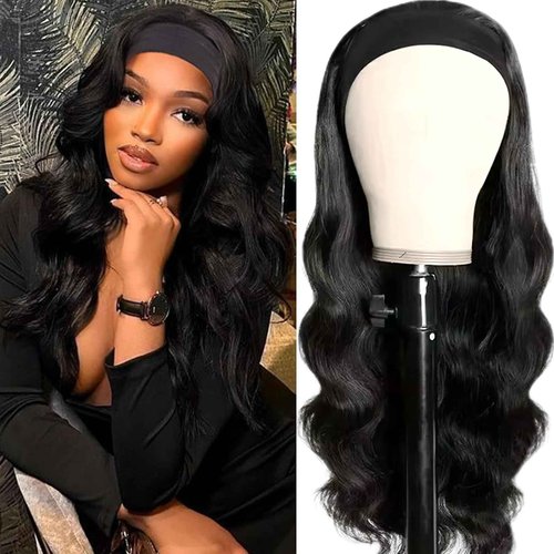 Comfair Headband Wig Human Hair Body Wave 22 Inch Glueless No Sew Headband Wig 100% Brazilian Virgin Hair 180% Dencity Wear and Go Headband Wigs for Black Women Natural Color Beginner Friendly