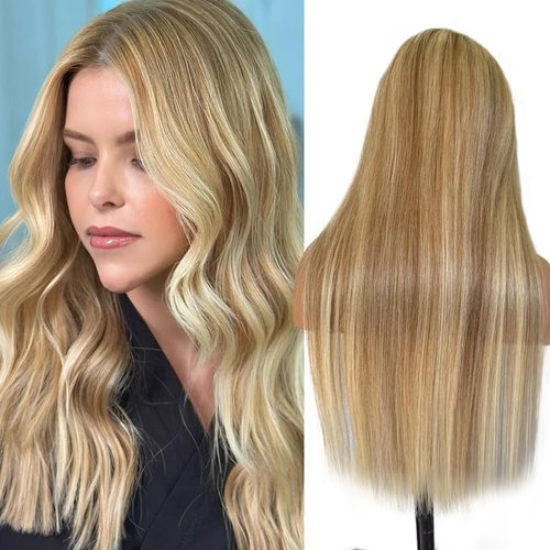 Belaved Highlight Ombre Lace Front Wigs Human Hair Medium Brown Mix Blonde 13x6 Long Straight Balayage 180% Density HD Wig for Women Pre Plucked With Baby Hair 8B60A 18 Inch