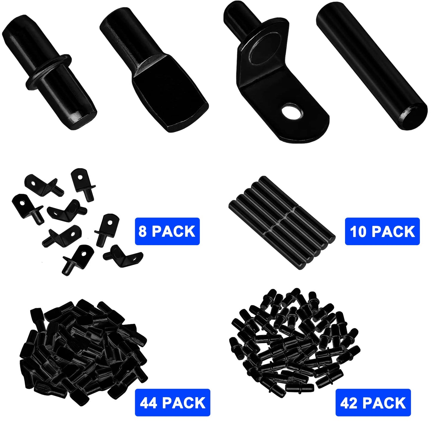 104Pcs Shelf Pins Pegs Kit,4 Styles Shelf Support Pegs,Bookshelf Pegs for Shelves,Cabinet Shelf Bracket Pegs Shelf Holders Pins for Kitchen Furniture & Closet (5mm & 1/4 inch,Black)