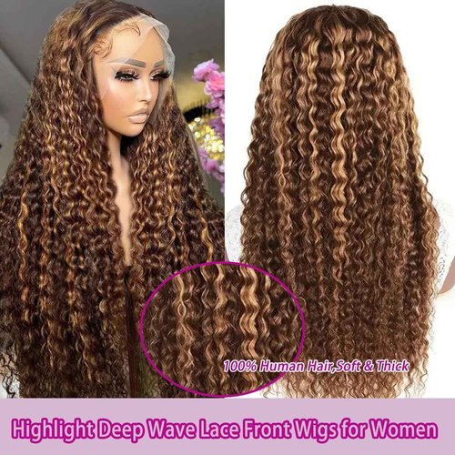 LAINSS Highlight 13x6 Deep Wave Lace Front Wigs Human Hair 4/27 Ombre Curly HD Transparent Lace Frontal Wig Pre Plucked Glueless Wig human hair 210% Density Wet and Wavy Curly Wigs 18 Inch