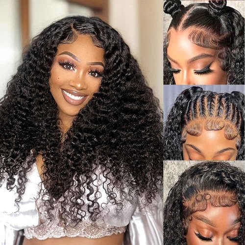 DZFAYESM 13x4 Deep Wave Lace Front Wigs Human Hair 200% Density Black Curly Human Hair Wig Long Natural Wigs for Black Women Transparent Lace Frontal Wig for Daily Wear 20 Inch