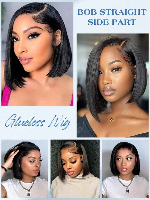 12 Inch Bob Straight Side Part 7x5 Wear and Go Glueless Wigs Human Hair Pre Cut Pre Plucked Bleached HD Lace Front Bob Wig Human Hair 180% Density Short Straight Wigs for Black Women