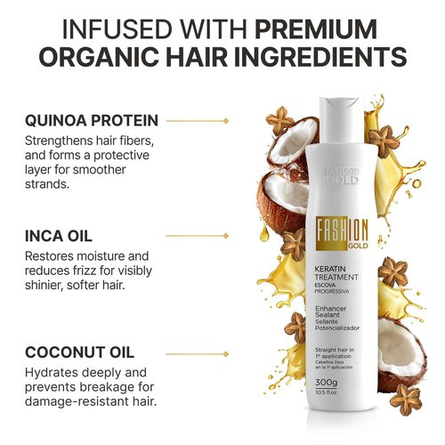 FASHION GOLD, Keratin Hair Treatment, 6 USES per Bottle, Keratina para Alisar el Pelo, Alisado Brasileño Keratina Permanente, Alisados Organicos SIN FORMOL, Nanoplastia, 300 grs