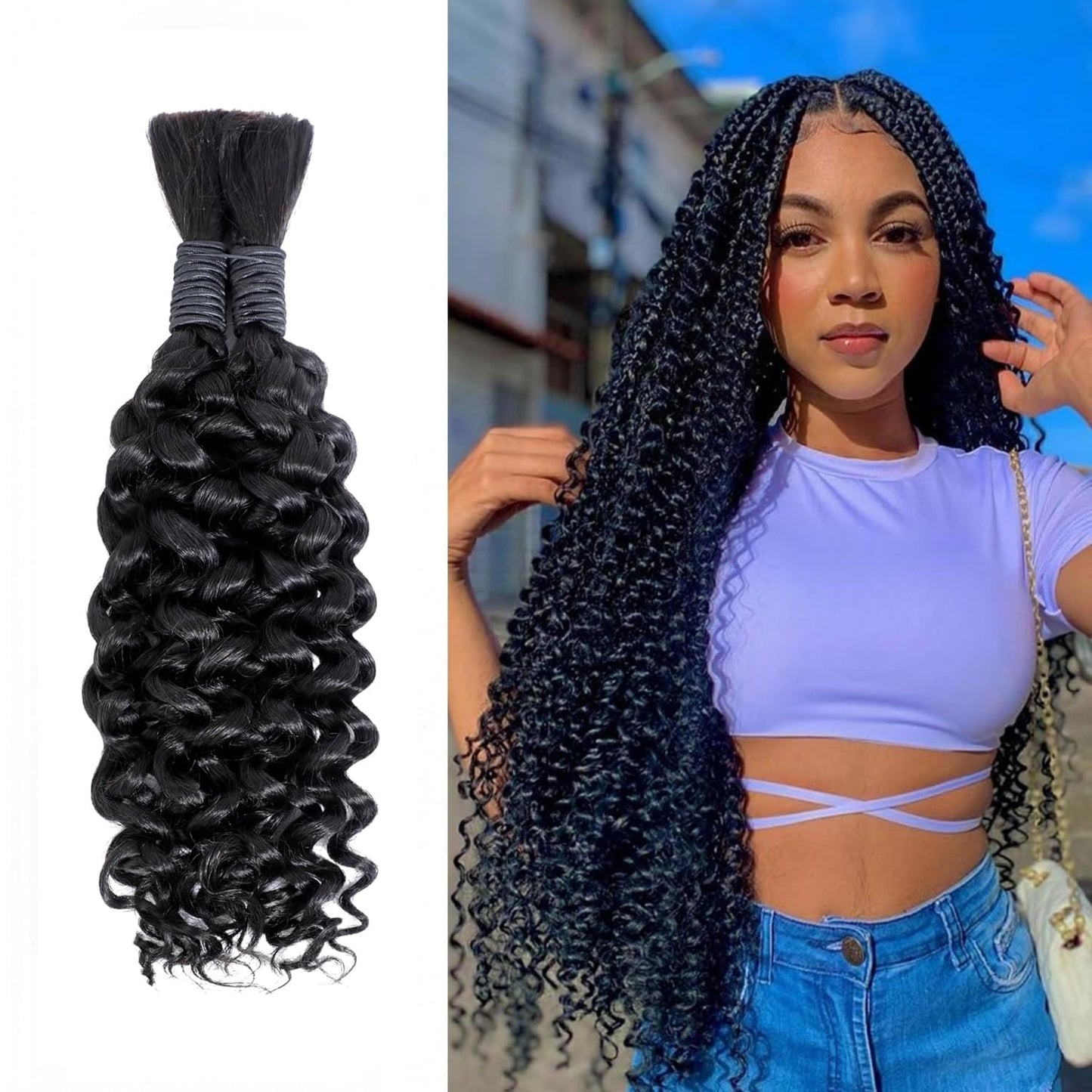 Human Braiding Hair, Boho Braids Human Hair 2 Bundles 100g 24 Inch Water Wave Bulk Human Hair for Braiding No Weft 12A Brazilian Virgin Curly Human Hair Extensions for Wet and Wavy Braiding Hair