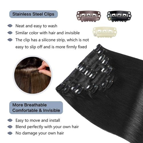 Sunya Clip in Hair Extensions Real Human Hair Jet Black Human Hair Extensions Clip Ins 22 Inch Double Weft Straight Human Hair Clip in Extensions #1 8Pcs 120g
