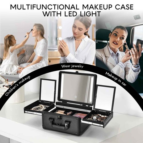 Faquenc Makeup Case With LED Lighted Mirror 11.2 Inch Travel Makeup Train Case Adjustable Brightness in 3 Colors Cosmetic Organizer Artist Storage Box 2 Trays with Dividers Hard Make Up Vanity Black