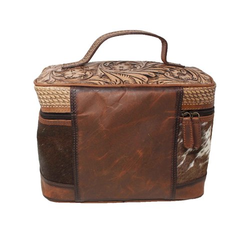 CHALLENGER Western Antique Floral Tooled Leather Hairon Cosmetic Dopp Kit Toiletry Train Bag 18SKT15