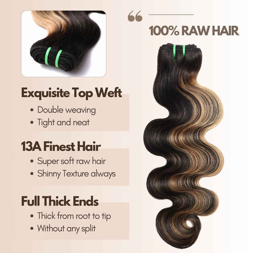 HERMOUS 13A Double Drawn FB/27 Human Hair Bundles Body Wave Blonde Highlight Color, Honey Blonde with Black Single Bundle Human Hair 100% Unprocessed Hair Colored Single Bundle Wavy Sew In 16 Inch