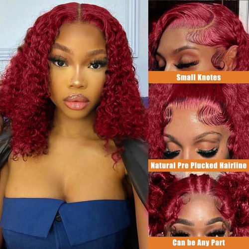 DJFG Deep Wave Lace Front Wigs Human Hair Curly Wig Human Hair HD Frontal 200 Density 13x6 Lace 99j Burgundy Red 14 Inch