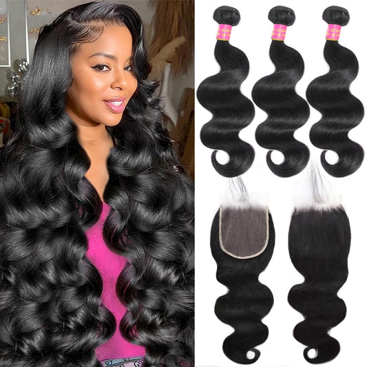 12A Human Hair Bundles with Closure Body Wave Bundles 16 18 20+14 Inch 5X5 HD Lace Closure Human Hair 100% Brazilian Virgin Hair Extensions 3 Bundles Hair Quick Weave Bundle Natural Black for Women