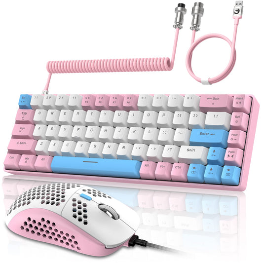 ZIYOU LANG RK-T8PR0 Wired 65% Mechanical Gaming Keyboard and Mouse Combo with RGB LED Backlit Anti-ghosting TKL Mini 68 Key Coiled C to A Cable Tactile Blue Switch for PS4 PS5 Xbox PC Mac Gamer(Pink)
