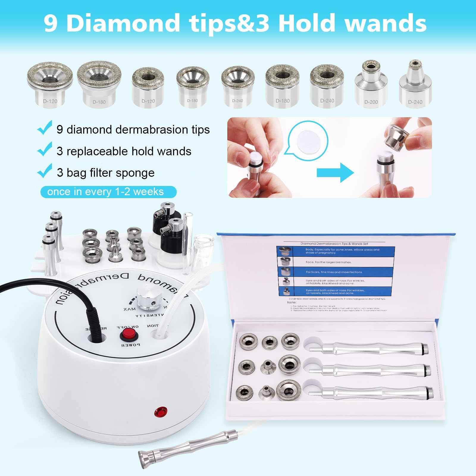 3 in 1 Diamond Micro DermaBrasion Machine, Mcwdoit Professional Dermabrasion Facial Skin Care Device with Wand, Spray Bottle and Vacuum Glass Tube for Personal Home Beauty Salon Use