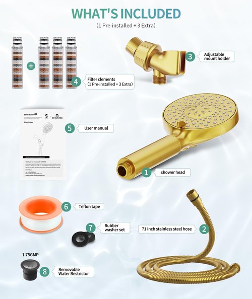 Filtered Shower Head with Handheld, High Pressure 9 Spray Mode Brushed Gold Showerhead with 4 Filters, Detachable Shower Head, Water Softener Filters Beads for Hard Water - Remove Chlorine