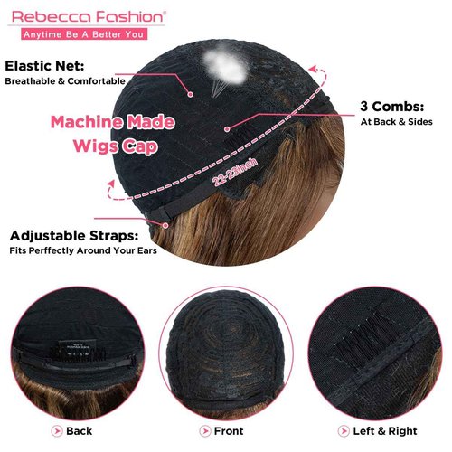 Rebecca Fashion 20 Inch Body Wave Wig with Bangs Human Hair Wigs for Black Women None Lace Front Wigs 10A Brazilian Virgin Hair Glueless Machine Made Wig Highlight Brown Blonde Color