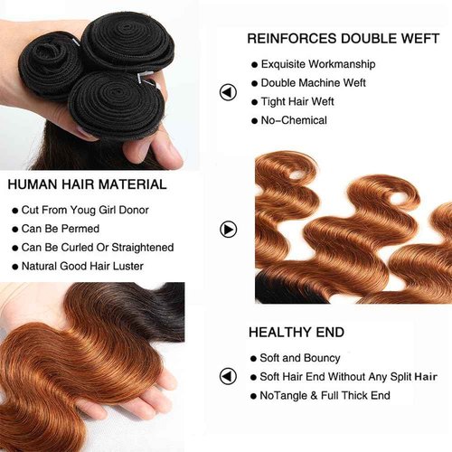 Brown Bundles Human Hair Ombre Body Wave Human Hair Bundles 12 14 16 Inch 1B/30 Dark Brown Bundle Double Weft Brazilian Virgin Remy Hair Extensions Soft And Healthy 3Pcs/Set