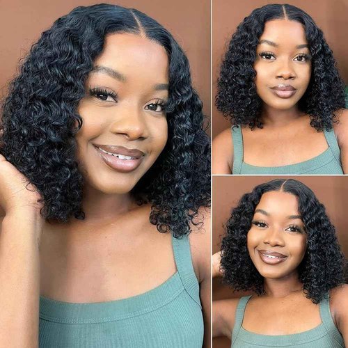 Curly Bob Wigs Human Hair Wear and Go Glueless Bob Wig Human Hair Pre Plucked Pre Cut 5x5 HD Lace Closure Wigs for Black Women Deep Wave Lace Front Short Curly Wigs 180 Density Natural Black 12 Inch