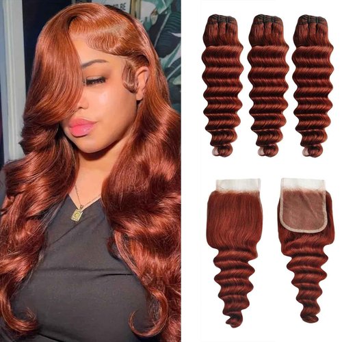 Loose Deep Wave Bundles Human Hair with Closure, 12a Reddish Brown Bundles with 4x4 Lace Closure 33# Copper Red Bundles Human Hair (Loose Deep Wave 14 16 18+14free)