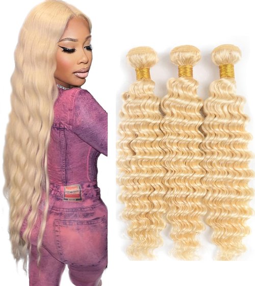 #613 Blonde Bundles Deep Wave Bundles Human Hair 30 32 34 Inch Unprocessed Brazilian Virgin Weave Hairs Honey Blonde 3 Bundle 50 Gram Per Bundle Human Hair Extensions
