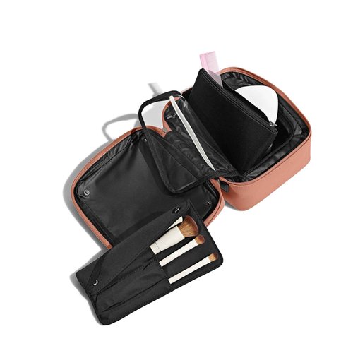 Away Cosmetics Bag, Makeup Bag with Detachable Brush Roll, Waterproof, Clear Zip Pockets, Travel Friendly, Clay Pink