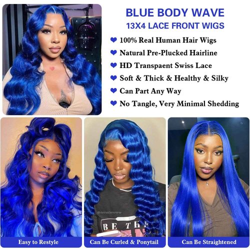 Koiaskral Blue Lace Front Wig - Human Hair, 13x4, Body Wave, 22 Inch