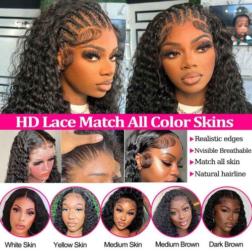 Espive 13x6 Deep Wave Lace Front Wigs Human Hair 200 Density HD Lace Frontal Wigs Glueless Curly Wigs Human Hair Pre Plucked with Baby Hair Wet And Wavy Wigs for Black Women 32inch (Black, 32IN)