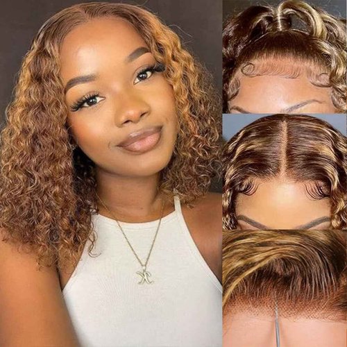 Glueless Wigs Human Hair Pre Plucked Pre Cut Wear and Go 5x5 HD Lace Closure Wigs Human Hair Deep Wave Wig P4/27 Honey Blonde Ombre Highlight Lace Front Wig Human Hair Wig 180% Density 16 Inch