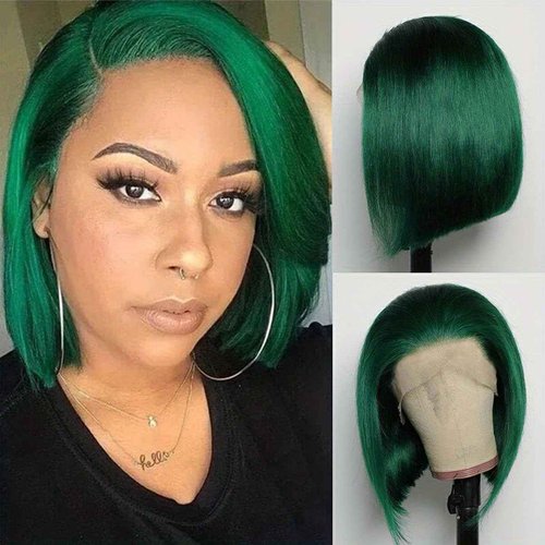 YOUFA Emerald Green Color Blunt Cut Short Bob Lace Front Wigs Brazilian Bone Straight Human Hair Wigs Green 13x4 Ear To Ear Lace Frontal Wigs Pre Plucked Natural Hairline(Turquoise, 8 inch)