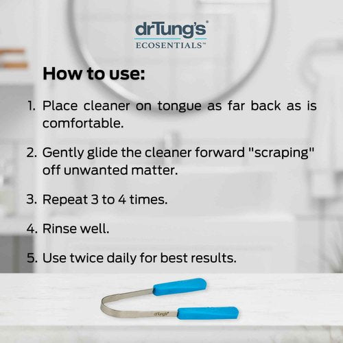 drTung's Stainless Steel Metal Tongue Scraper - Tongue Cleaner for Adults, Kids, Helps Freshen Breath, Easy to Use Comfort Grip Handle, Comes with Fabric Travel Pouch - 6 Pack