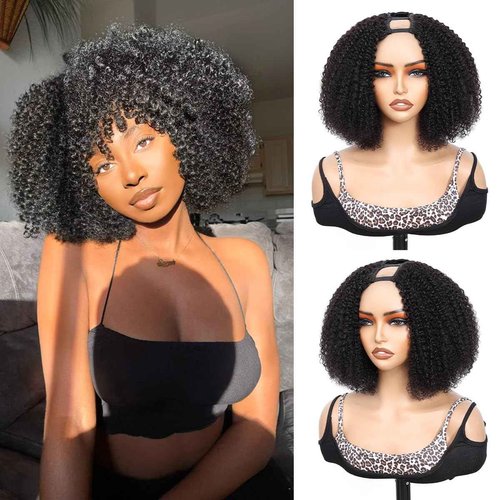 MPS Kinky Curly Human Hair Wigs for Black Women Afro Curly Human Hair 180% Density 12 Inch Full Head Clip in U Part Wigs Human Hair Pre Plucked U Shape Wigs (Natural Black)