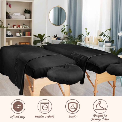 Oudain 4 Sets 3 Piece Soft Microfiber Massage Table Sheets Set Bulk Includes Massage Flat Sheet and Fitted Sheet and Face Rest Cover(Black)