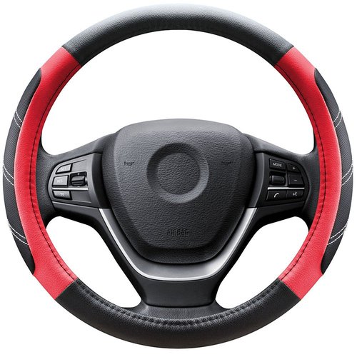 Elantrip Leather Steering Wheel Cover 14 1/2 to 15 inch Universal Padded Soft Grip Breathable for Car Truck SUV Jeep Anti Slip Black and Red