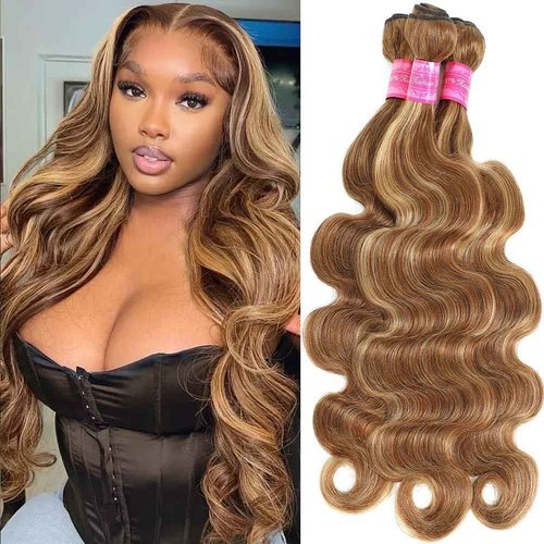 Brown Highlight Body Wave Bundles Human Hair 100% Unprocessed Brazilian Virgin Hair Honey Blonde Human Hair Body Wave Bundles Hair Extensions Wet and Wavy 3 Bundles for Black Women