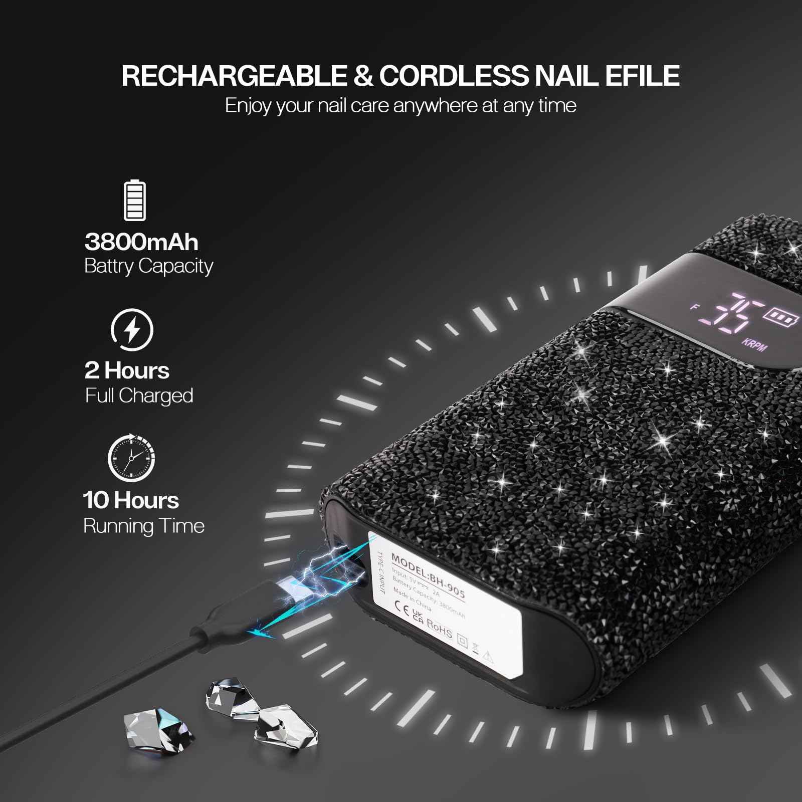 Lavinda Professional Electric Nail Drill Kit, 35000RPM Cordless Portable Machine for Acrylic Gel Nails, Rechargeable E File With Black Rhinestones, Manicure Tools (Black)