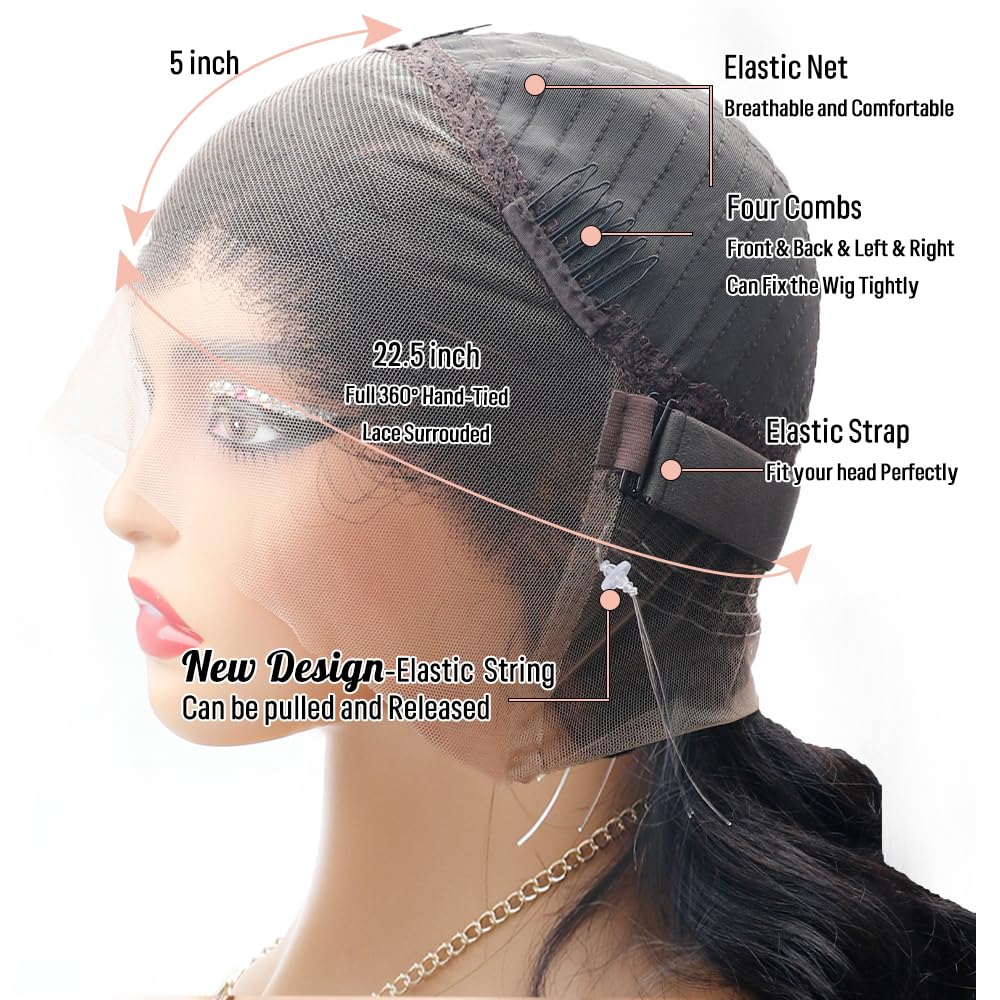 PRUWIGS 360 Lace Front Wigs Human Hair Body Wave 200% Density 20 Inch Upgraded Hidden Straps 360 HD Full Lace Wigs Human Hair With Drawstring Pre Plucked With Baby Hair for Women Natural Black