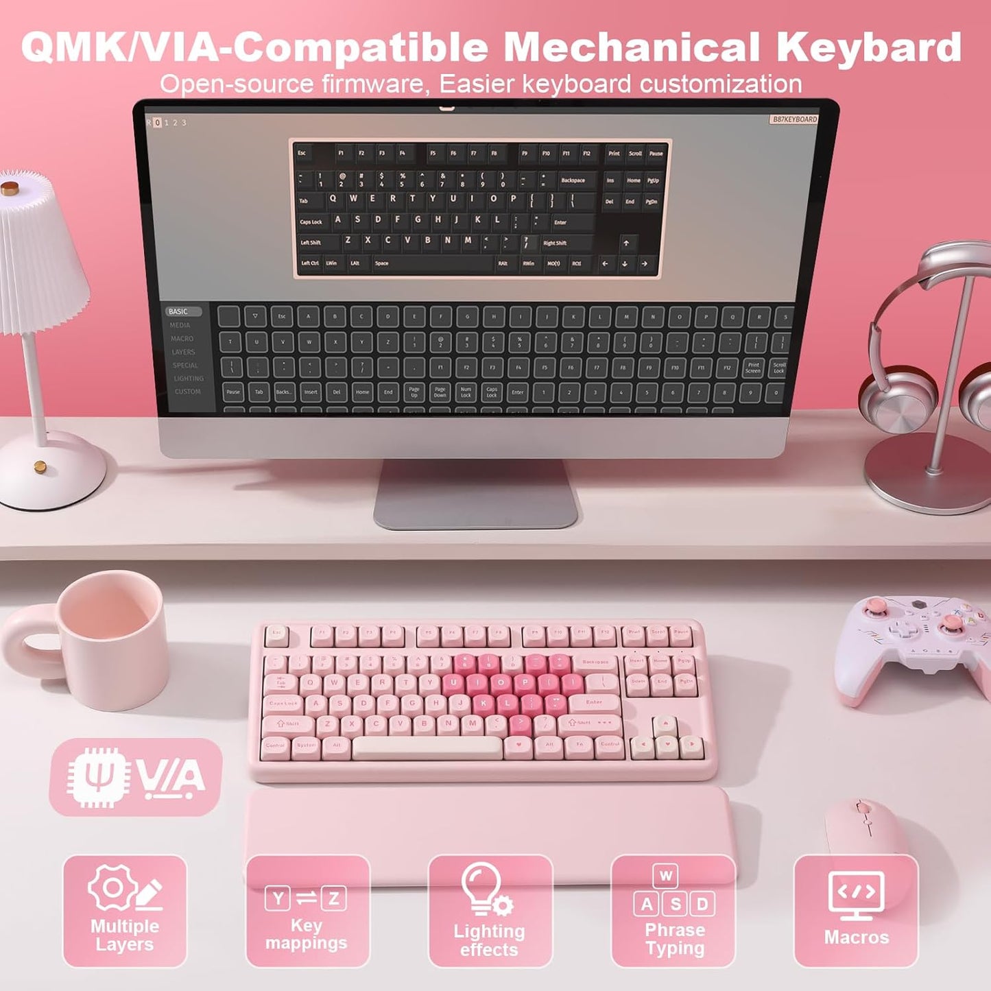 YUNZII B87 Wireless Mechanical Keyboard,QMK/VIA Programmable,TKL Layout 87 Keys,BT/2.4G/USB-C,Hot Swap Gasket Mount RGB Backlit Gaming with Wrist Rest for Win/Mac(Purple, Cocoa Cream V2)