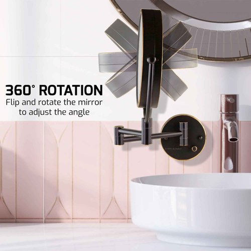 OVENTE Wall Mounted Lighted Makeup Vanity Mirror, 9" Hard Wired Double Sided 1X/7X Magnifying Bathroom Mirror, Dimmable LED Lights, 360° Rotation and 14" Extendable Arm, Rubbed Bronze MPWD3185BZ1X7X