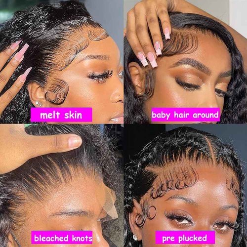 Rozilo Aomllute 30 Inch Deep Wave Lace Front Wigs Human Hair 200 Density 13x4 HD Lace Frontal Wigs Human Hair Pre Plucked Deep Curly Glueless Wigs Human Hair for Women Natural Black