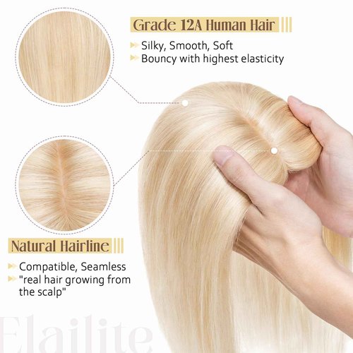 Elailite Human Hair Toppers for Women Real Human Hair Thin 4.7"x3.9" Silk Base Clip in Remy Hairpieces 8 Inch Sandy Blonde mix Bleach Blonde