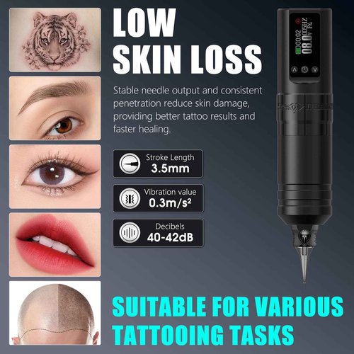 Tattoo Gun Kit Complete Wireless Tattoo Machine Kit, Kiss of Dragon V1S Rotary Adjustable Stroke Tattoo Pen with 1600 mAh Cordless Battery Tattoo Cartridge Needles Set for Beginners