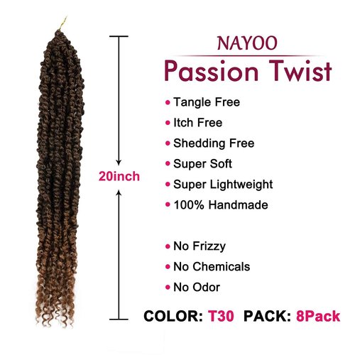 Passion Twist Hair - 8 Packs 20 Inch Passion Twist Crochet Hair For Women, Crochet Pretwisted Curly Hair Passion Twists Synthetic Braiding Hair Extensions (20 Inch 8 Packs, T30)