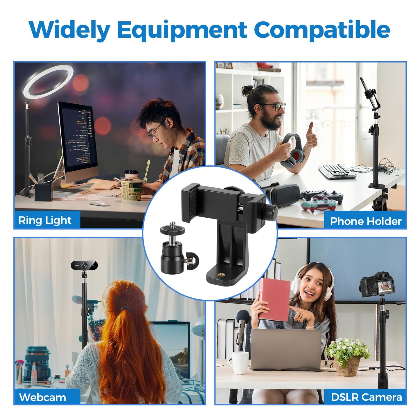 Aqirui Camera Desk Mount Stand with 1/4" Ball Head and Phone Holder Clip, Desktop Light Stand, 14"-23.6" Adjustable Light Stand, for DSLR Camera,Ring Light,Webcam,Phone