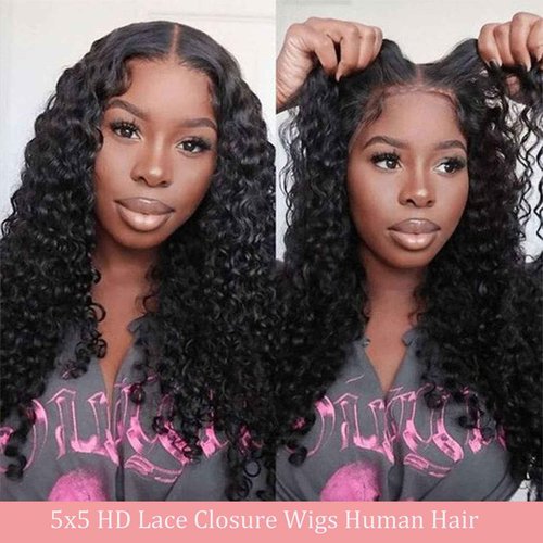 Bugtum Deep Wave Curly 5x5 Hd Lace Closure Glueless wigs Human Hair Pre Plucked Pre Cut Wear and Go Lace Front Wigs for Black Women Natural Black (28 Inches)