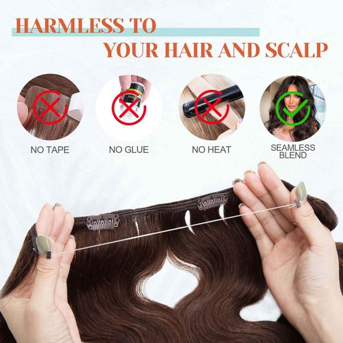 Benehair Halo Hair Extensions Real Human Hair, Brown Halo Hair Extension 100% Human Hair, Wavy Halo Extensions Human Hair, Curly Hair Halo Extensions, Wire Hair Extension, Medium Brown 75g/20Inch