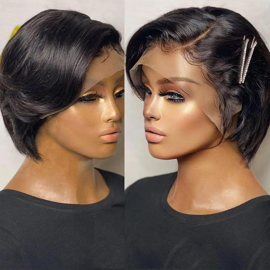 Human Hair Straight Bob Pixie Cut Wig Natural Black 13X4 HD Lace Front Wig with Baby Hair Side Part Virgin Glueless Brazilian Remy 150% Density for Black Women 6"