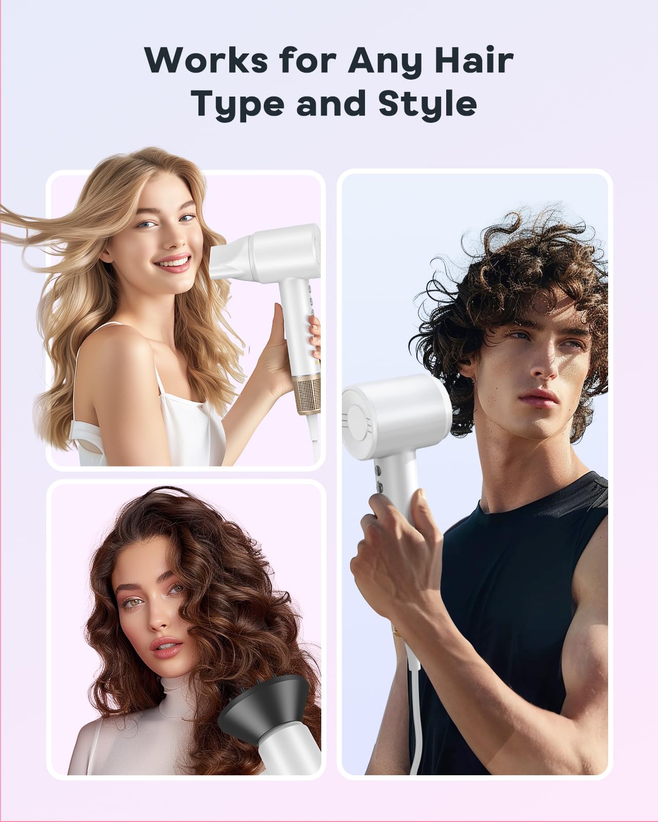 Hair Dryer - Negative Ionic Blow Dryer with 150000 RPM High Speed Brushless Motor for Fast Drying, Low Noise, HD Display Hair Dryer with Diffuser and Nozzle, 4 Temps & 3 Speeds